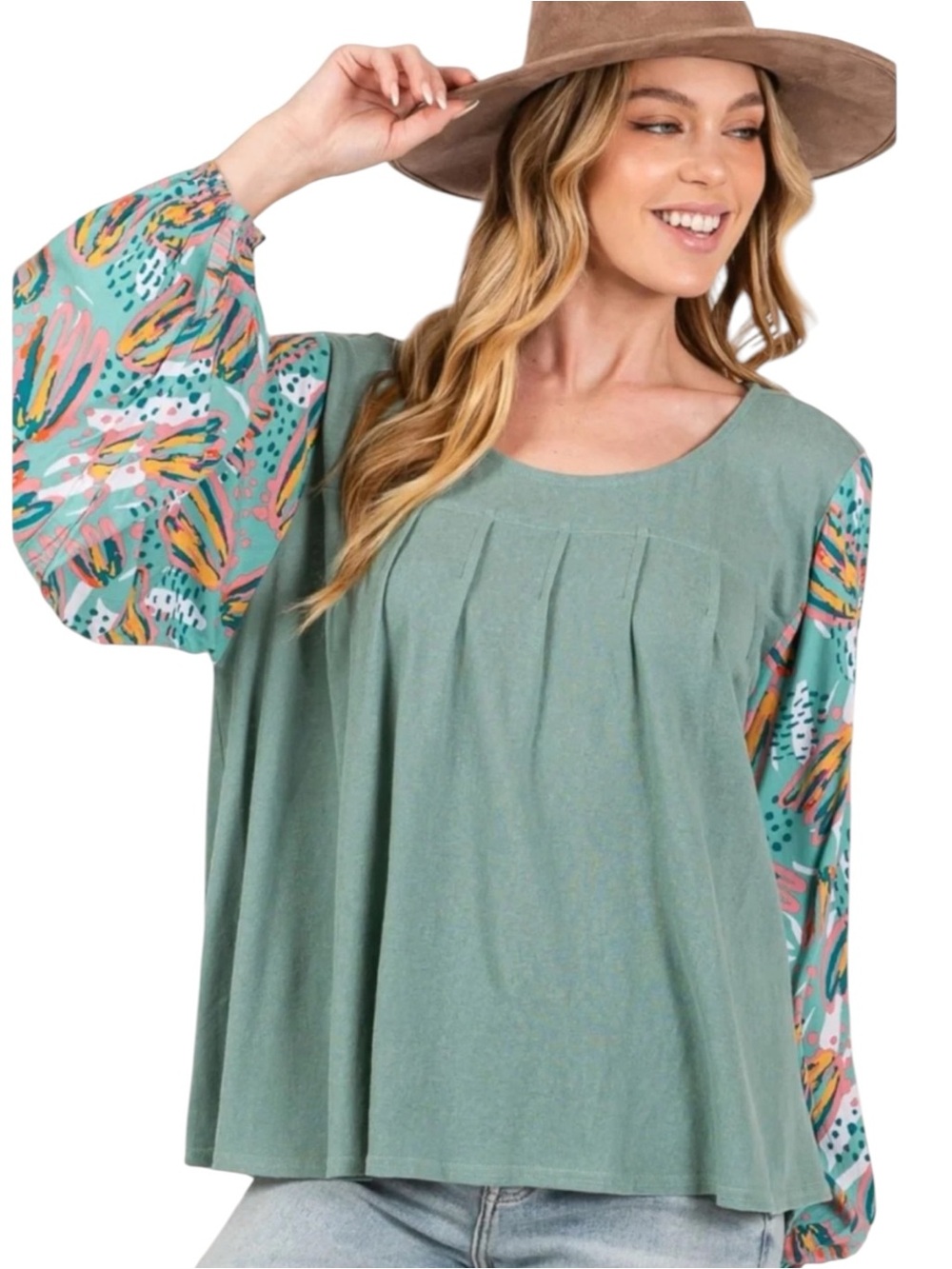 NWT Sage + Fig Pleated Front Balloon Sleeve Boho Top Sage Green M